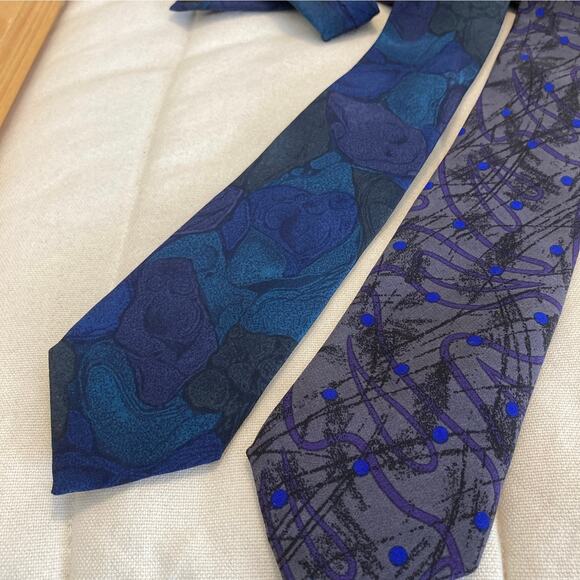 ZanZara All Silk Skinny Tie Gray Polka Dots Blue Abstract Lot of 2 - Picture 1 of 4